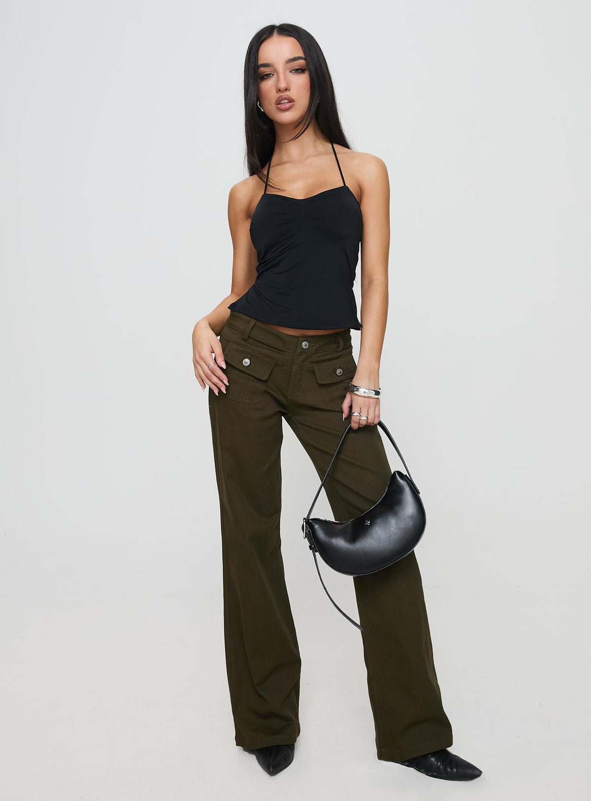 front view of model wearing Princess Polly Benicale Low Rise Cargo Pants Olive Pants 