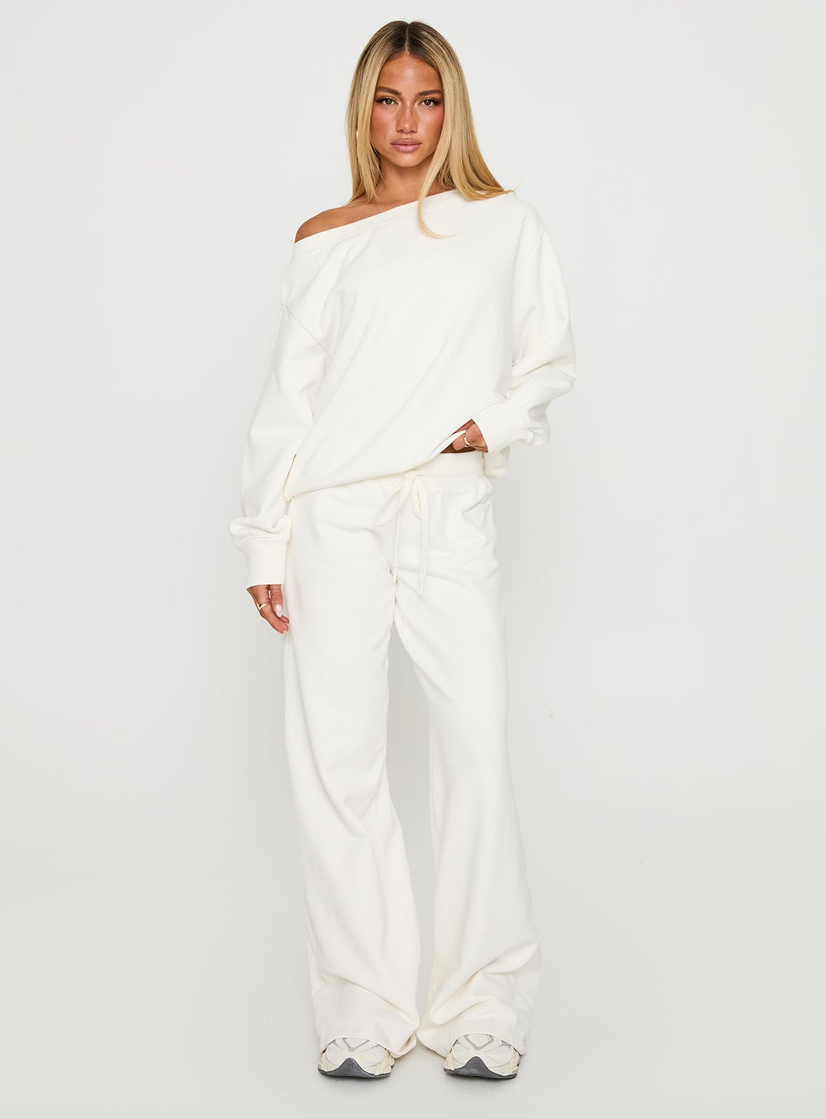 front view of model wearing Princess Polly Wellness Off The Shoulder Jumper Washed White Jumpers 