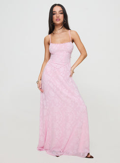 front view of model wearing Princess Polly South Of France Maxi Dress Pink Petite Square Neck 