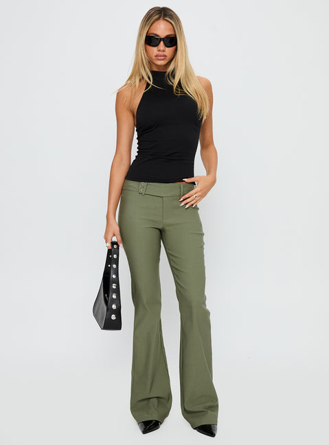 front view of model wearing Princess Polly Kinkirk Flared Pants Olive Green Low Rise Pants Pants 