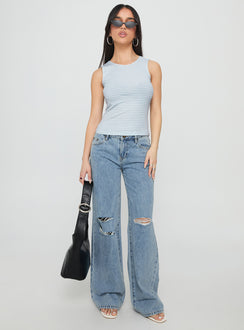 front view of model wearing Princess Polly Kadison Low Rise Straight Leg Jeans Mid Wash Blue Low Rise Jeans Jeans 