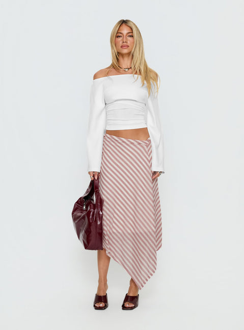   front view of model wearing Princess Polly Gwenora Asymmetrical Midi Skirt Pink Stripe Midi Skirts Skirts 