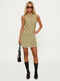 front view of model wearing Princess Polly Buffie Shoulder Mini Dress Green Check Crew Neck 