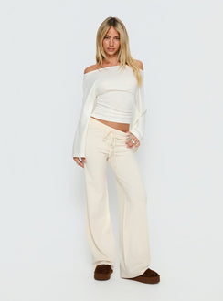 front view of model wearing Princess Polly Felisha Low Waist Knit Pants White Mid Rise Pants Pants 