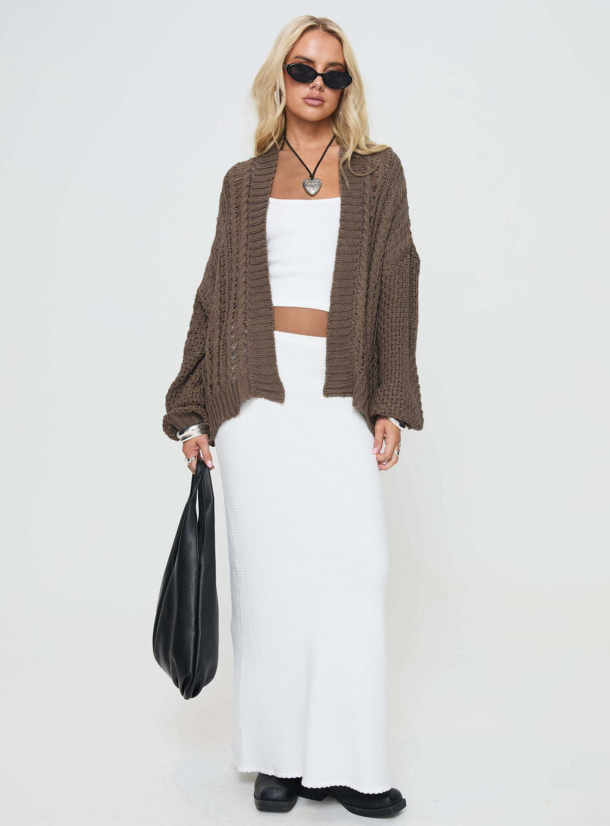 Cable knit cardigan, drop shoulder Good stretch, unlined Princess Polly Lower Impact 