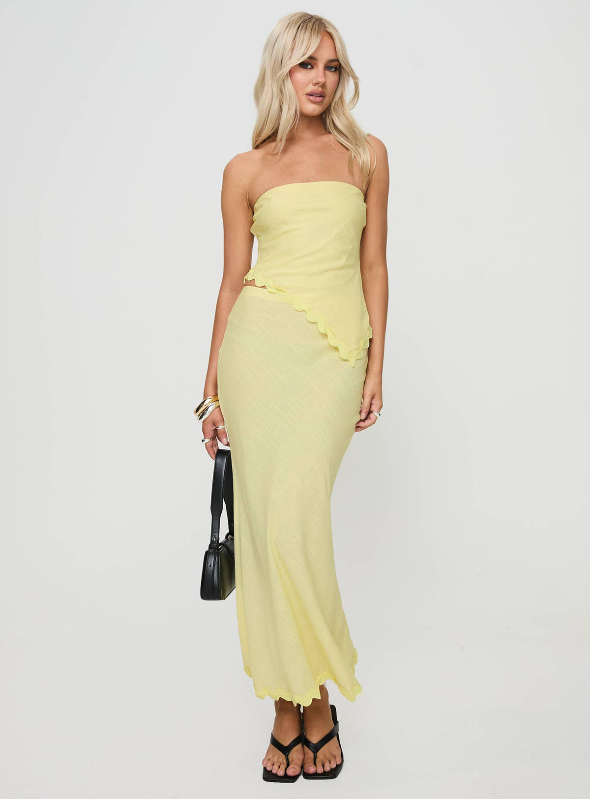   front view of model wearing Princess Polly Silvershore Maxi Skirt Yellow Maxi Skirts Skirts 