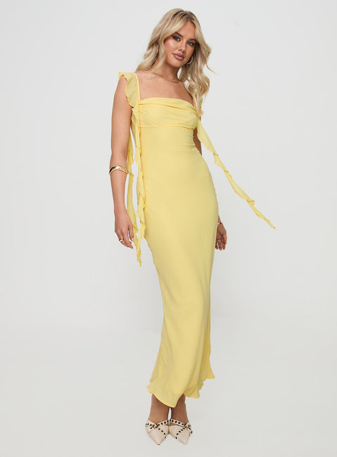 back view of model wearing Princess Polly Lanai Maxi Dress Lemon Square Neck 
