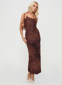 side view of model wearing Princess Polly Knox Maxi Dress Chocolate Scoop Neck 