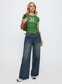 front view of model wearing Princess Polly Boston Athletics Top Green Short Sleeves Crew Neck 
