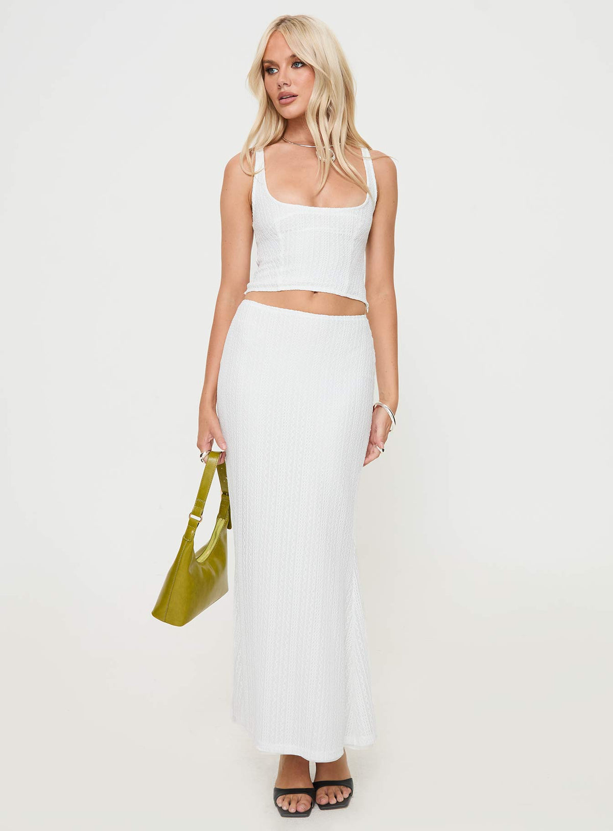 White Matching set Knit material, scooped neckline, invisible zip fastening, split in hem at back