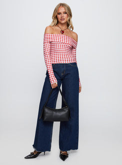 front view of model wearing Princess Polly Singular Off The Shoulder Long Sleeve Top Red Check Full Sleeves straight 