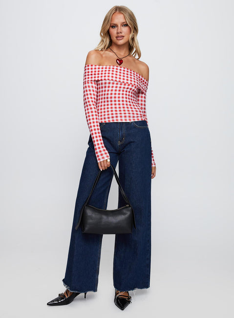front view of model wearing Princess Polly Singular Off The Shoulder Long Sleeve Top Red Check Full Sleeves straight 