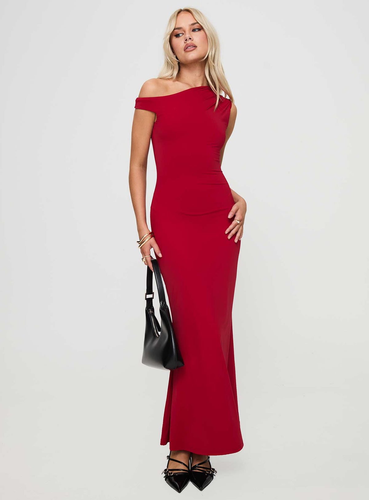 side view of model wearing Princess Polly Beller Maxi Dress Red Asymmetric Neckline 