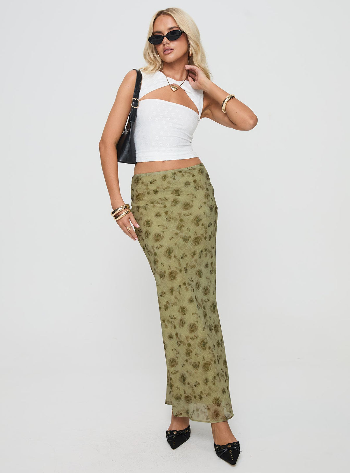   front view of model wearing Princess Polly Piazia Maxi Skirt Green Maxi Skirts Skirts 
