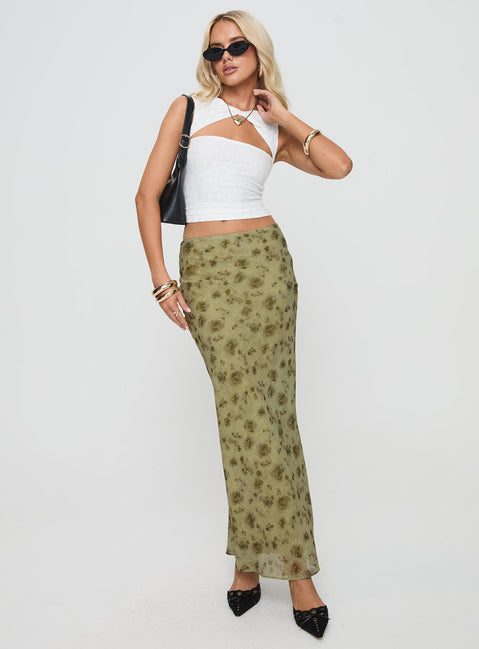   front view of model wearing Princess Polly Piazia Maxi Skirt Green Maxi Skirts Skirts 
