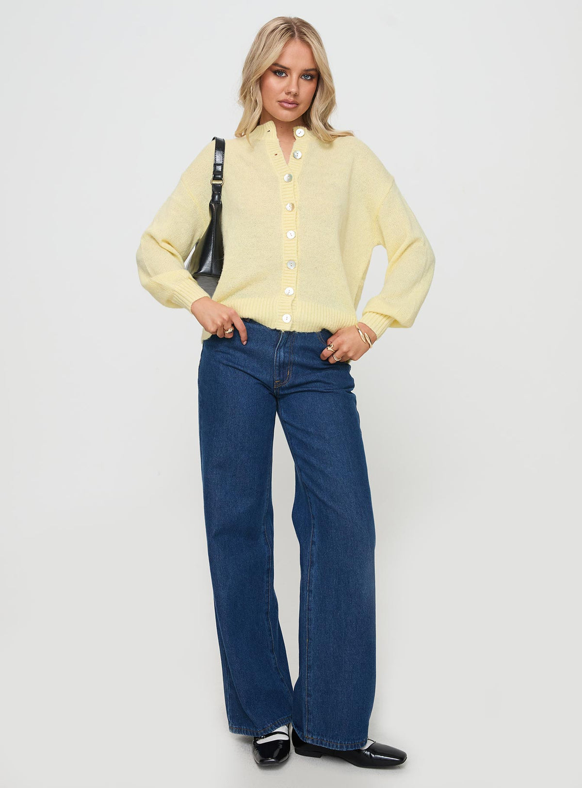 front view of model wearing Princess Polly Sunbeam Cardigan Yellow Longline Jumpers Jumpers 