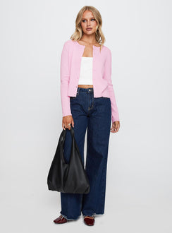 back view of model wearing Princess Polly Old Burlington Knit Cardigan Pink Cropped Jumpers Jumpers 