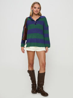 front view of model wearing Princess Polly Olivah Jumper Blue / Green Longline Jumpers Jumpers 