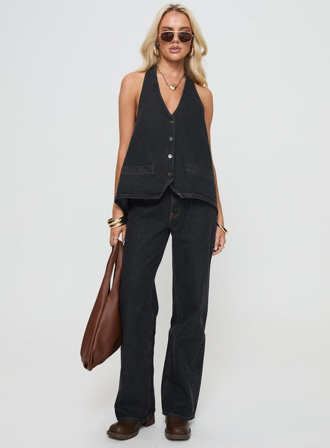 front view of model wearing Princess Polly Top Model Low Rise Straight Leg Jeans Charcoal High Rise Jeans Jeans 