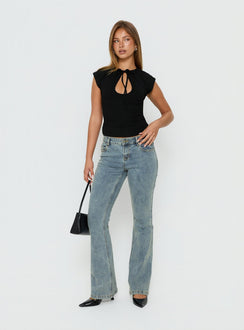 Crafted from Bethany Low Rise Bootleg Jeans Ice Wash womens-jeans with low-rise detail view of model wearing