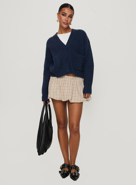 back view of model wearing Princess Polly Osias Cable Knit Cardigan Navy Cropped Jumpers Jumpers 