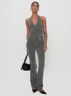 front view of model wearing Princess Polly Calexico Buckle Pant Grey Pinstripe High Rise Pants Pants 
