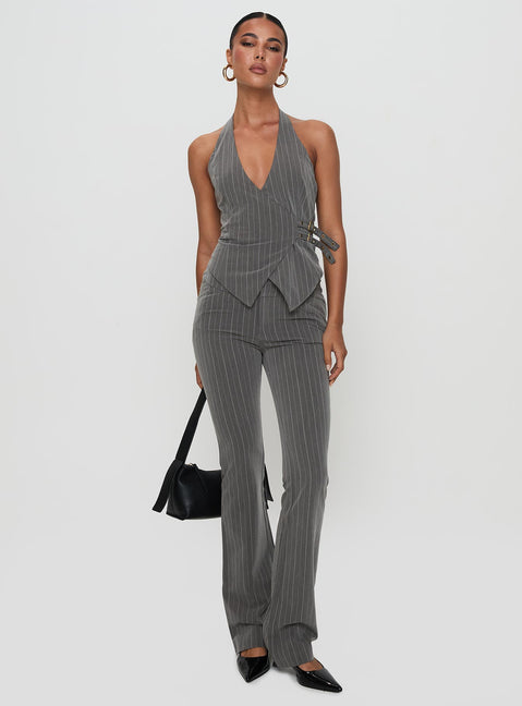front view of model wearing Princess Polly Calexico Buckle Pant Grey Pinstripe High Rise Pants Pants 