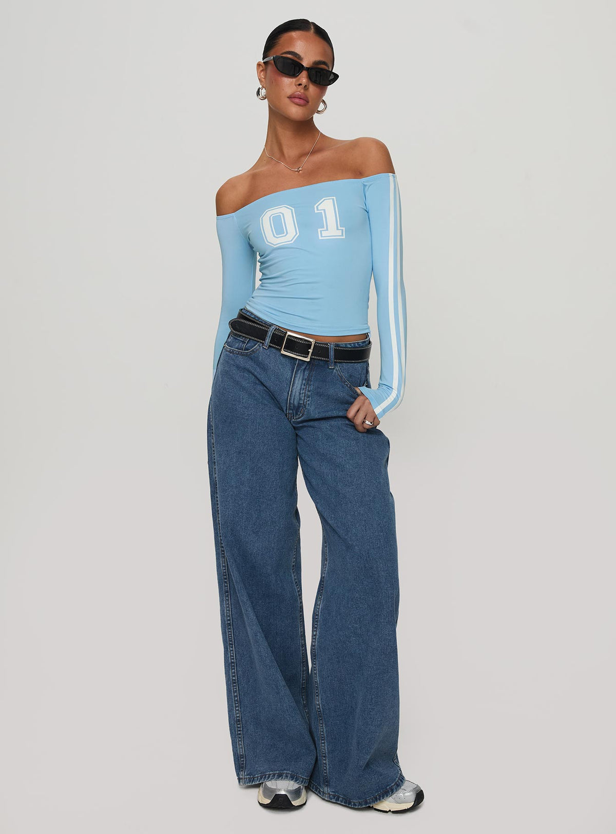 front view of model wearing Princess Polly One And Only Long Sleeve Top Blue Full Sleeves straight 