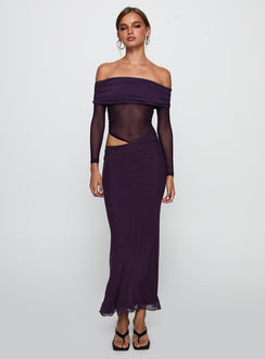 front view of model wearing Princess Polly Soul Ties Long Sleeve Maxi Dress Purple Straight Neck 