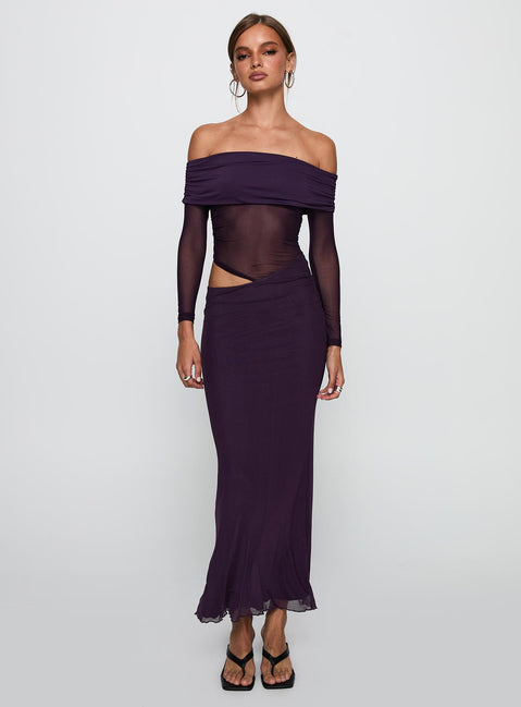 front view of model wearing Princess Polly Soul Ties Long Sleeve Maxi Dress Purple Straight Neck 