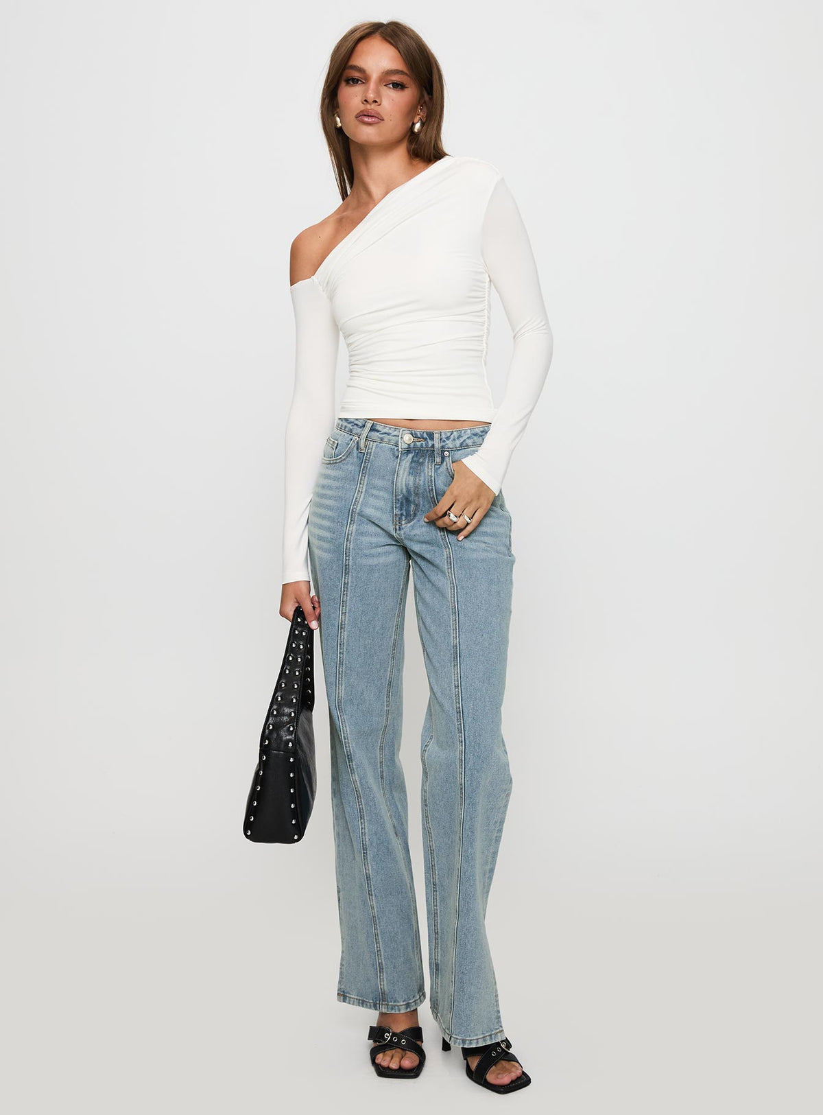 front view of model wearing Princess Polly White Mustang Mid Rise Straight Leg Jean Light Blue Mid Rise Jeans Jeans 