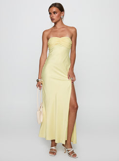 front view of model wearing Princess Polly Chevalier Strapless Maxi Dress Lemon Sweetheart Neckline 