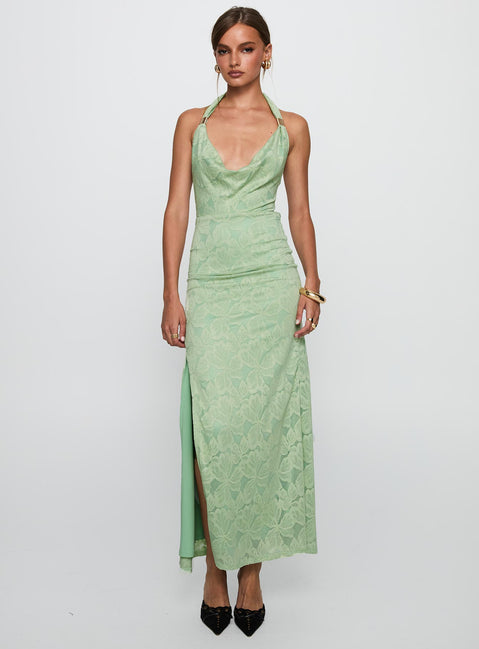 front view of model wearing Princess Polly Starfall Halter Maxi Dress Sage Cowl Neck 