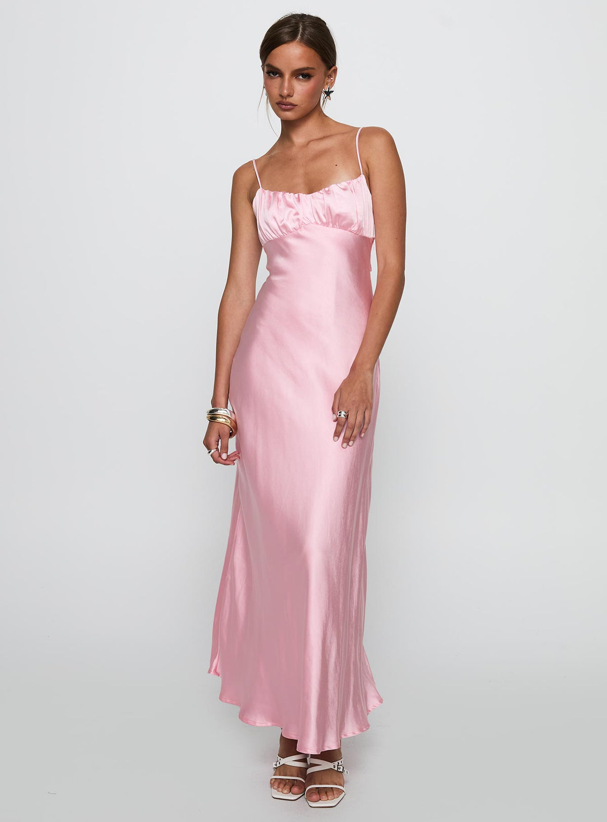 front view of model wearing Princess Polly Penelopi Maxi Dress Pink Sweetheart Neckline 