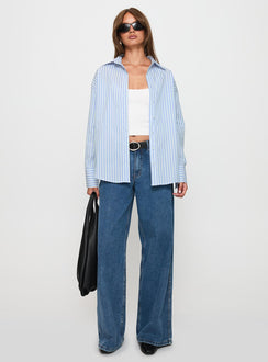 front view of model wearing Princess Polly Mallin Shirt Blue / White Stripe Full Sleeves V-Neck 