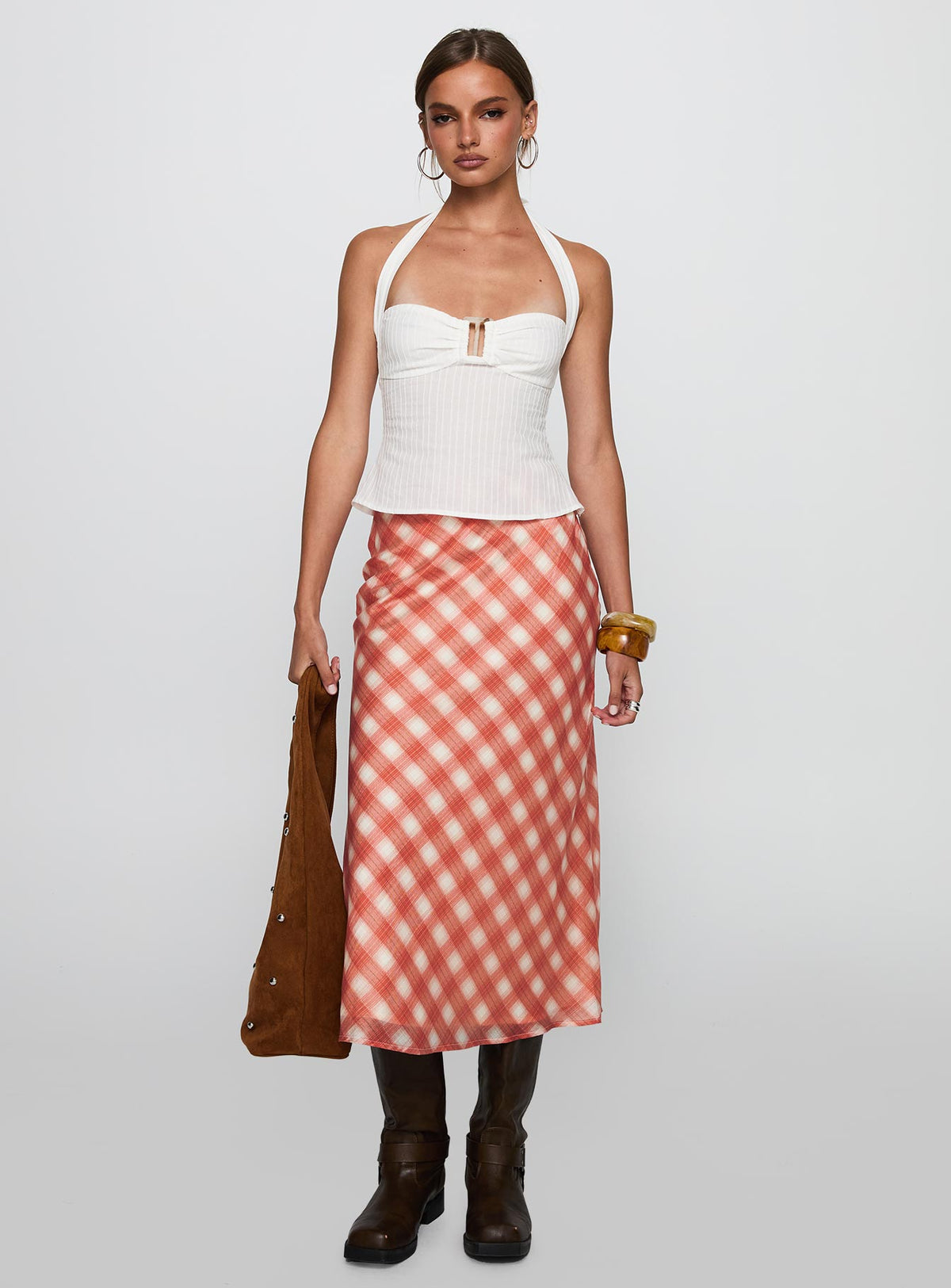   side view of model wearing Princess Polly Living Color Maxi Skirt Orange Gingham Midi Skirts Skirts 