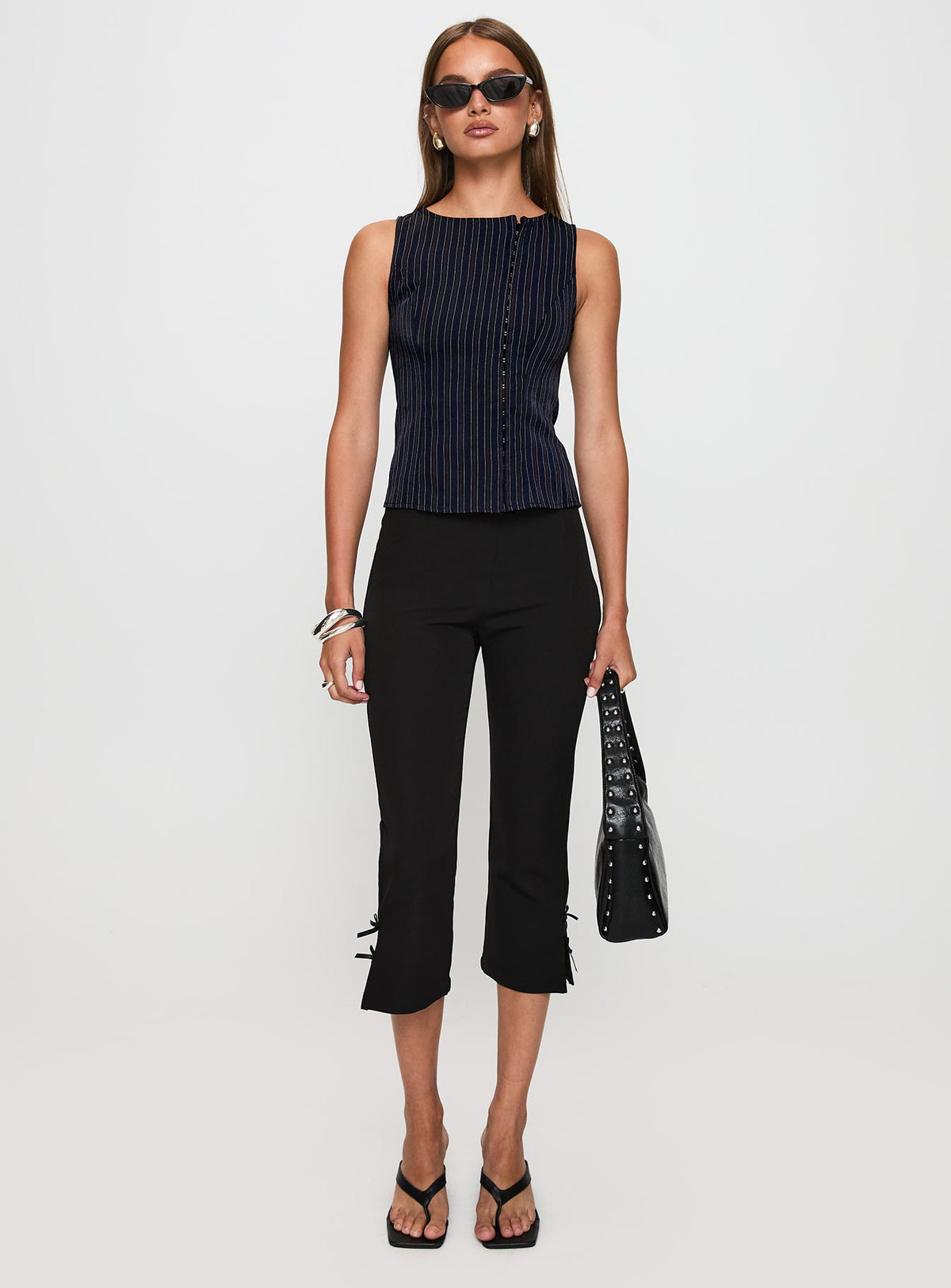 front view of model wearing Princess Polly Running Wild Top Blue Stripe Sleeveless Crew Neck 
