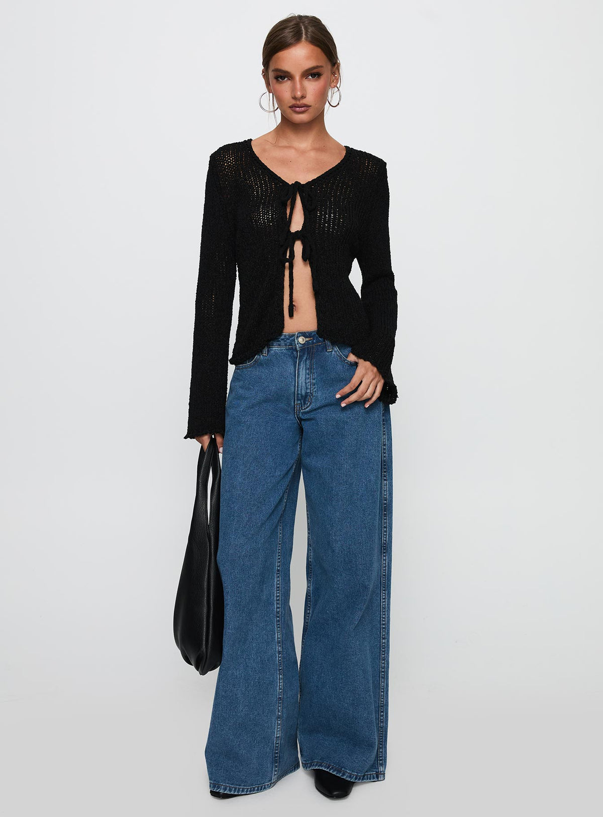 front view of model wearing Princess Polly Swain Knit Cardigan Black Cropped Jumpers Jumpers 