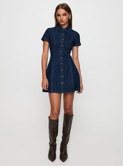 side view of model wearing Princess Polly Perception Denim Mini Dress Mid Wash High Neck 