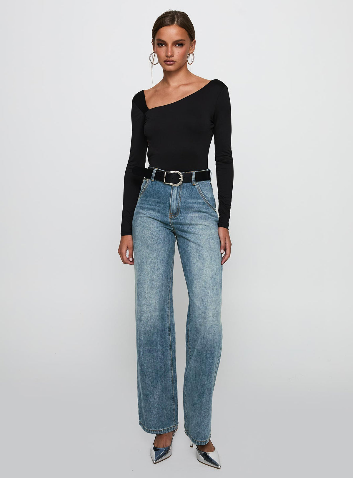 front view of model wearing Princess Polly Sacramento High Rise Straight Leg Jeans Mid Blue Denim High Rise Jeans Jeans 