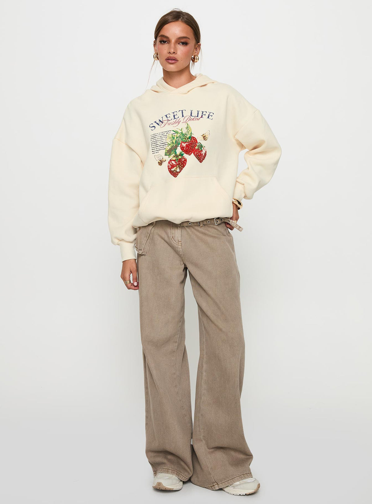 front view of model wearing Princess Polly Sweet Life Graphic Sweater Cream Longline Jumpers Jumpers 