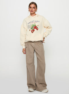 front view of model wearing Princess Polly Sweet Life Graphic Sweater Cream Longline Jumpers Jumpers 