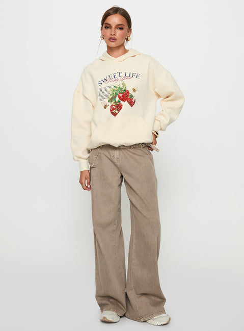 front view of model wearing Princess Polly Sweet Life Graphic Sweater Cream Longline Jumpers Jumpers 
