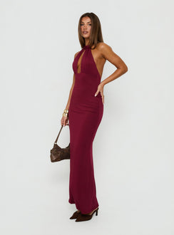 Soreya High Neck Cut Out Maxi Dress Burgundy
