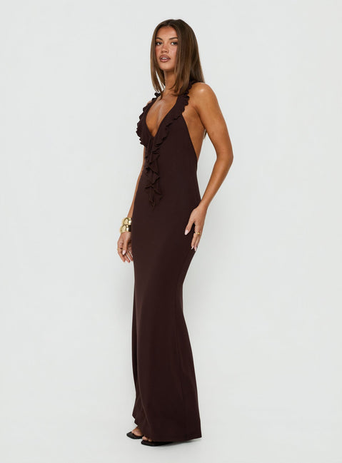 Charlique Halter Frill Maxi Dress Mahogany