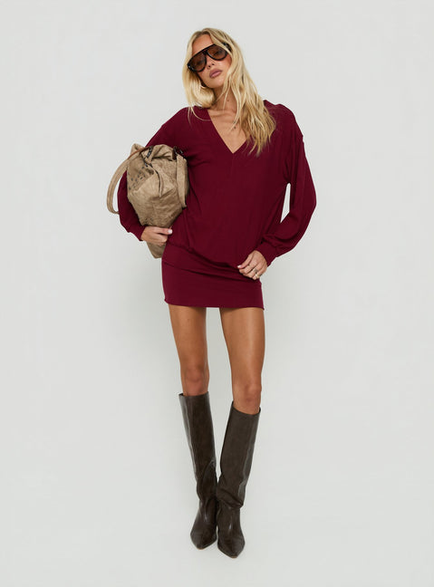 Solena Blouson V Neck Knit Mini Dress Burgundy