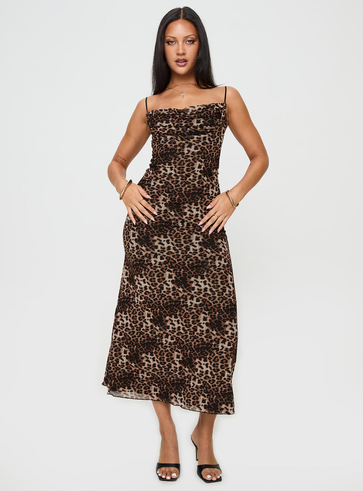 front view of model wearing Princess Polly Sugar Maxi Dress Leopard Cowl Neck 