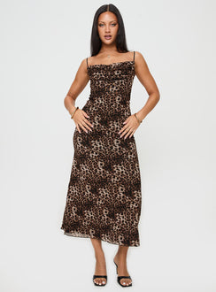 front view of model wearing Princess Polly Sugar Maxi Dress Leopard Cowl Neck 