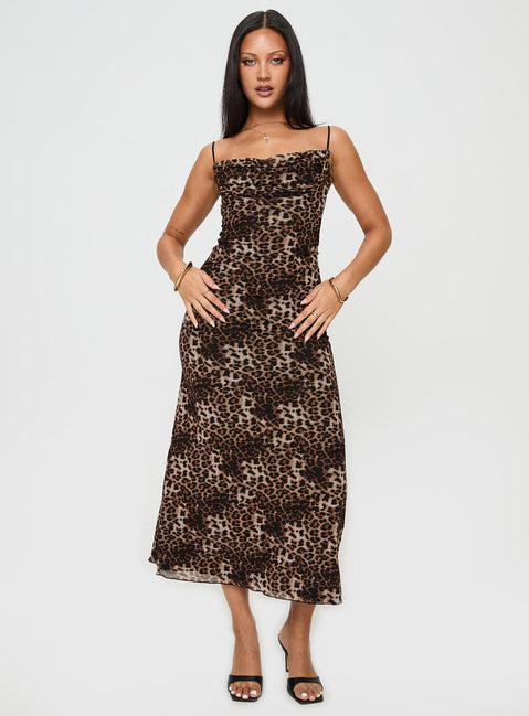 front view of model wearing Princess Polly Sugar Maxi Dress Leopard Cowl Neck 