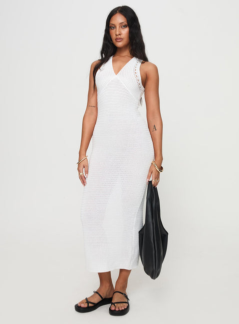 front view of model wearing Princess Polly Nyman Maxi Dress White V-Neck 